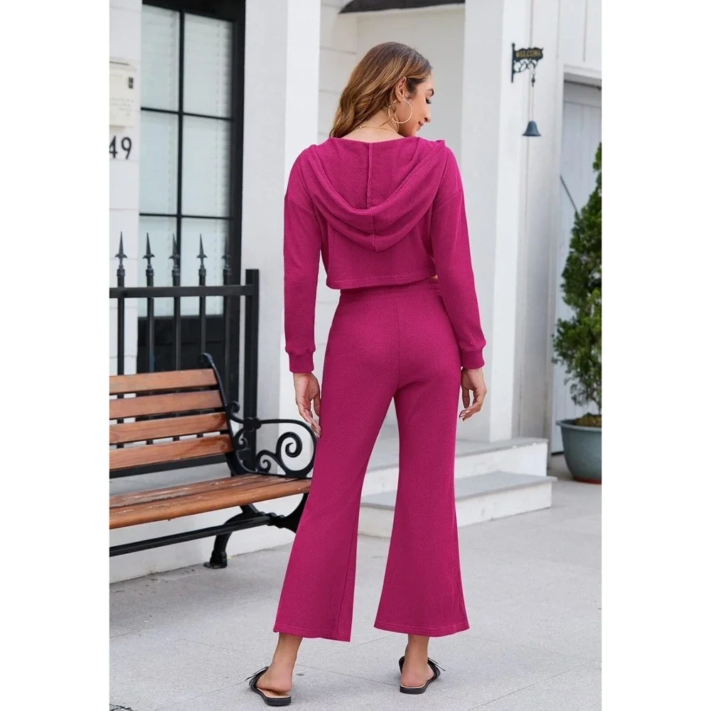 Vintage Modern Fixmatti 2 Piece Waffle Knit Crop Hoodie Flared Pants Red L